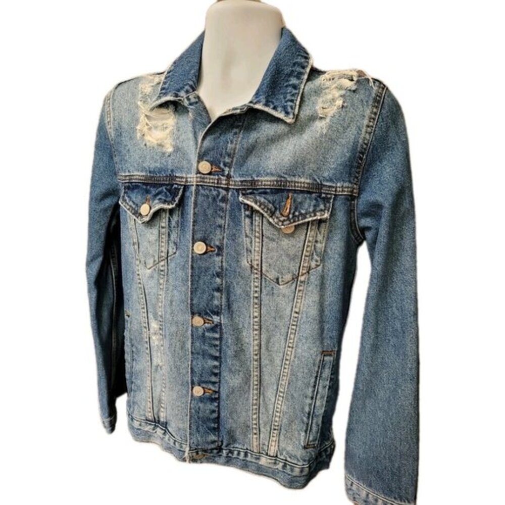 ASOS Denim Jacket Men’s‎ Small Blue Destroyed 100% Cotton Button Up Trucker